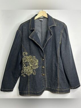 F.L. Jeans Vintage Gold Embroidered Denim Jean Jacket 1X